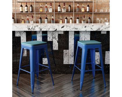 BLNK Kai Commercial Metal Backless Indoor-Outdoor Bar Stool with Poly Resin Wood Seat - Blue/Teal Blue