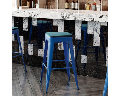 BLNK Kai Commercial Metal Backless Indoor-Outdoor Bar Stool with Poly Resin Wood Seat - Blue/Teal Blue