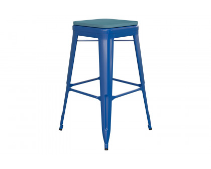 BLNK Kai Commercial Metal Backless Indoor-Outdoor Bar Stool with Poly Resin Wood Seat - Blue/Teal Blue