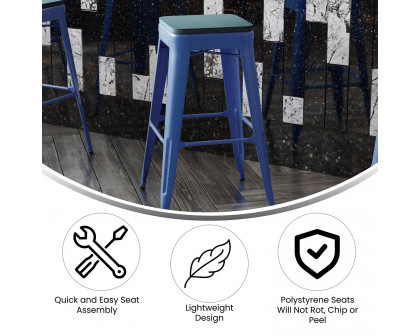 BLNK Kai Commercial Metal Backless Indoor-Outdoor Bar Stool with Poly Resin Wood Seat - Blue/Teal Blue