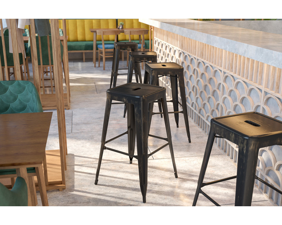 BLNK Kai Commercial Metal Backless Indoor-Outdoor Bar Stool with Square Seat - Black/Antique Gold