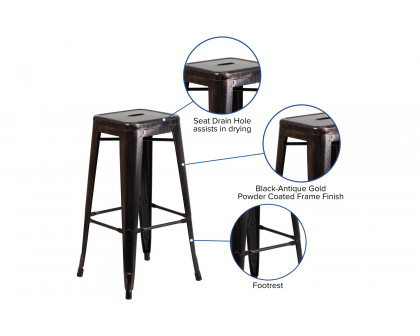 BLNK Kai Commercial Metal Backless Indoor-Outdoor Bar Stool with Square Seat - Black/Antique Gold