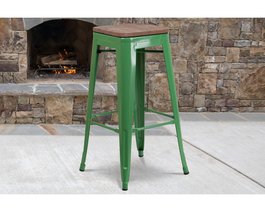 BLNK Lily Metal Bar Stool with Wood Seat - Green