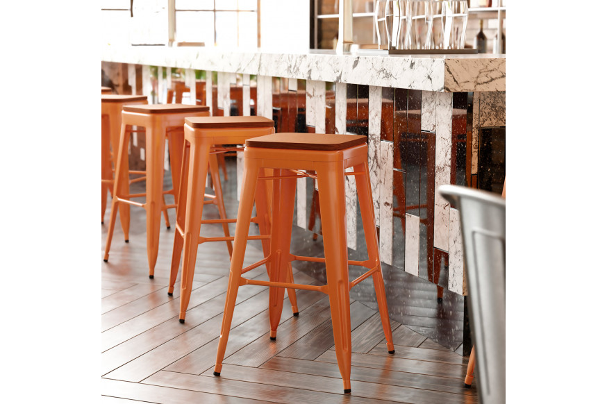 BLNK™ Kai Commercial Metal Backless Indoor-Outdoor Bar Stool with Poly Resin Wood Seat - Orange/Teak