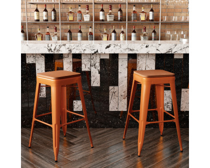 BLNK™ Kai Commercial Metal Backless Indoor-Outdoor Bar Stool with Poly Resin Wood Seat - Orange/Teak