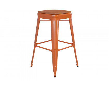 BLNK™ Kai Commercial Metal Backless Indoor-Outdoor Bar Stool with Poly Resin Wood Seat - Orange/Teak