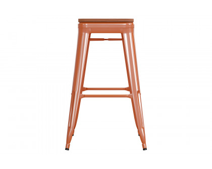 BLNK™ Kai Commercial Metal Backless Indoor-Outdoor Bar Stool with Poly Resin Wood Seat - Orange/Teak