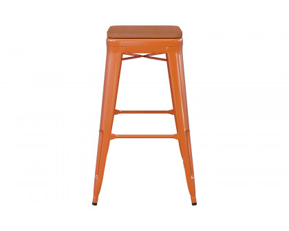 BLNK™ Kai Commercial Metal Backless Indoor-Outdoor Bar Stool with Poly Resin Wood Seat - Orange/Teak