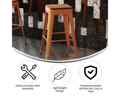 BLNK™ Kai Commercial Metal Backless Indoor-Outdoor Bar Stool with Poly Resin Wood Seat - Orange/Teak