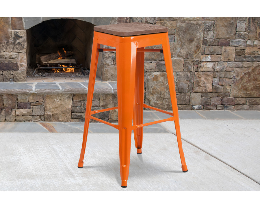 BLNK Lily Metal Bar Stool with Wood Seat - Orange