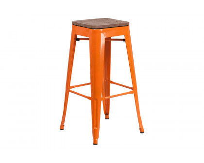 BLNK Lily Metal Bar Stool with Wood Seat - Orange