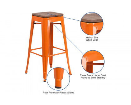 BLNK Lily Metal Bar Stool with Wood Seat - Orange