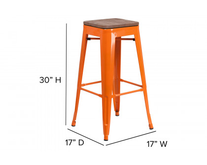 BLNK Lily Metal Bar Stool with Wood Seat - Orange