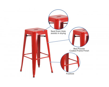 BLNK Kai Commercial Metal Backless Indoor-Outdoor Bar Stool with Square Seat - Red