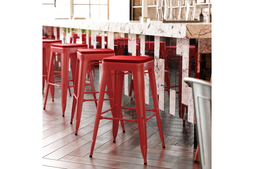 BLNK™ Kai Commercial Metal Backless Indoor-Outdoor Bar Stool with Poly Resin Wood Seat - Red