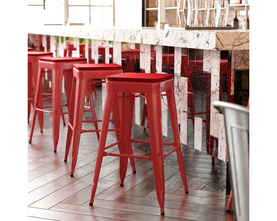 BLNK Kai Commercial Metal Backless Indoor-Outdoor Bar Stool with Poly Resin Wood Seat - Red