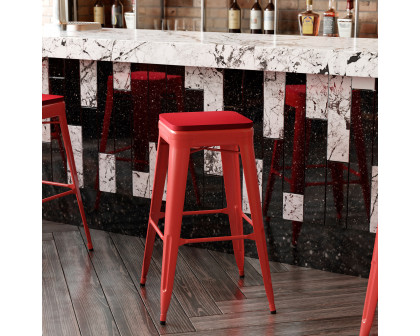 BLNK™ Kai Commercial Metal Backless Indoor-Outdoor Bar Stool with Poly Resin Wood Seat - Red