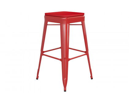 BLNK™ Kai Commercial Metal Backless Indoor-Outdoor Bar Stool with Poly Resin Wood Seat - Red