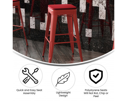 BLNK™ Kai Commercial Metal Backless Indoor-Outdoor Bar Stool with Poly Resin Wood Seat - Red