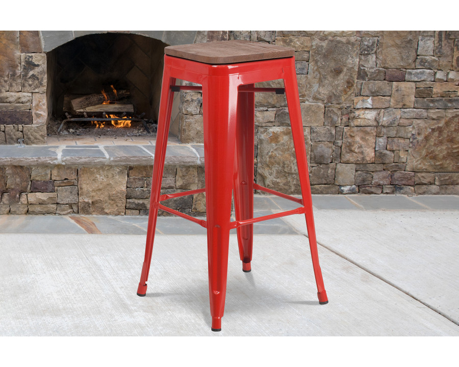 BLNK Lily Metal Bar Stool with Wood Seat - Red