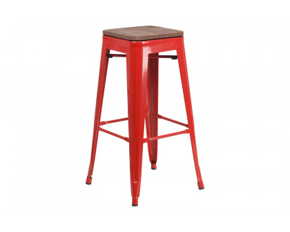 BLNK Lily Metal Bar Stool with Wood Seat - Red