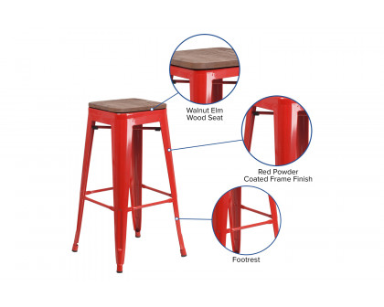 BLNK Lily Metal Bar Stool with Wood Seat - Red