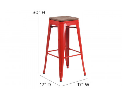 BLNK Lily Metal Bar Stool with Wood Seat - Red