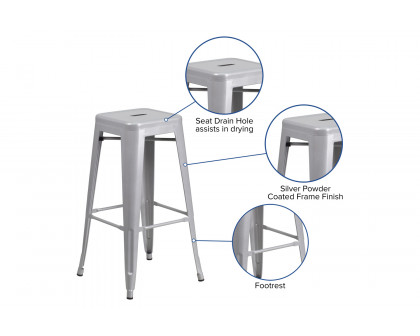 BLNK Kai Commercial Metal Backless Indoor-Outdoor Bar Stool with Square Seat - Silver