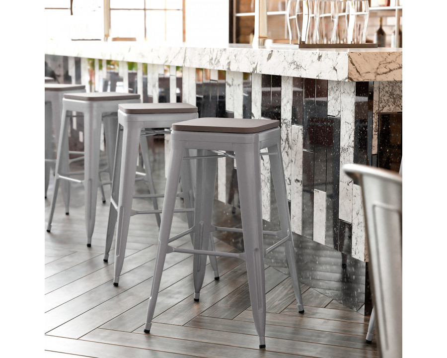 BLNK Kai Commercial Metal Backless Indoor-Outdoor Bar Stool with Poly Resin Wood Seat - Silver/Gray