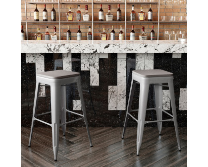 BLNK Kai Commercial Metal Backless Indoor-Outdoor Bar Stool with Poly Resin Wood Seat - Silver/Gray