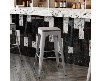 BLNK Kai Commercial Metal Backless Indoor-Outdoor Bar Stool with Poly Resin Wood Seat - Silver/Gray