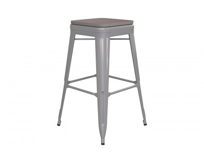 BLNK Kai Commercial Metal Backless Indoor-Outdoor Bar Stool with Poly Resin Wood Seat - Silver/Gray