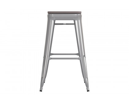 BLNK Kai Commercial Metal Backless Indoor-Outdoor Bar Stool with Poly Resin Wood Seat - Silver/Gray