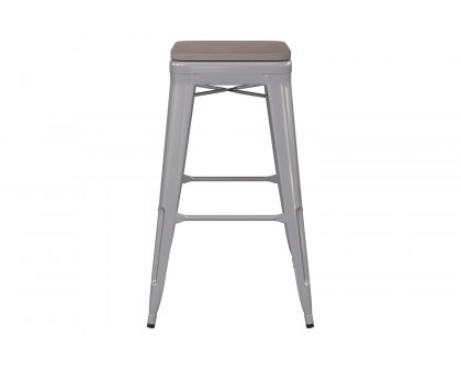 BLNK Kai Commercial Metal Backless Indoor-Outdoor Bar Stool with Poly Resin Wood Seat - Silver/Gray