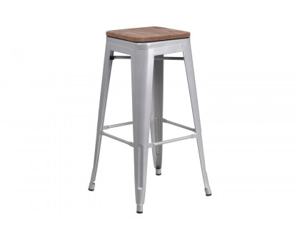 BLNK Lily Metal Bar Stool with Wood Seat - Silver