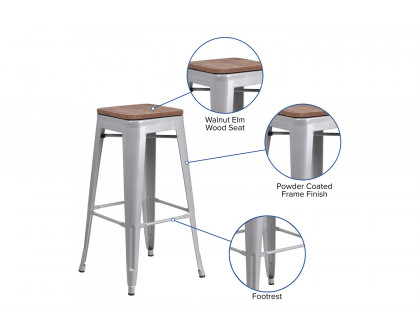 BLNK Lily Metal Bar Stool with Wood Seat - Silver