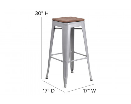 BLNK Lily Metal Bar Stool with Wood Seat - Silver