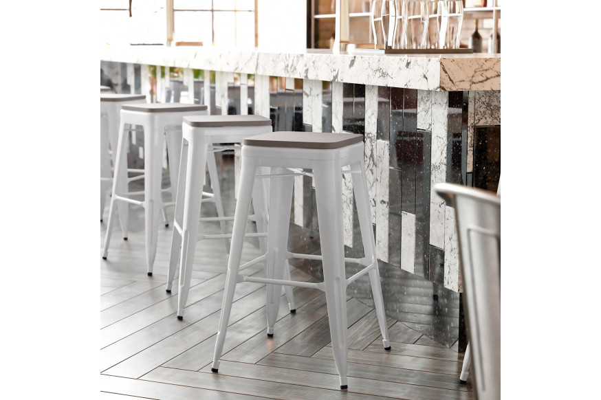 BLNK™ Kai Commercial Metal Backless Indoor-Outdoor Bar Stool with Poly Resin Wood Seat - White/Gray