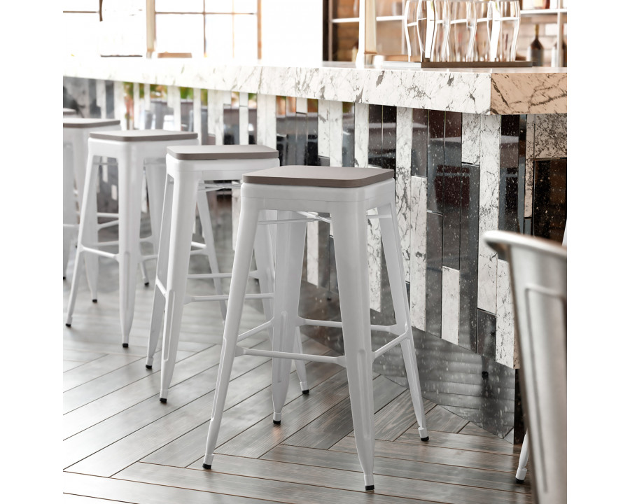 BLNK Kai Commercial Metal Backless Indoor-Outdoor Bar Stool with Poly Resin Wood Seat - White/Gray