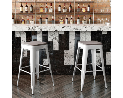 BLNK™ Kai Commercial Metal Backless Indoor-Outdoor Bar Stool with Poly Resin Wood Seat - White/Gray