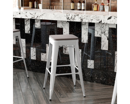 BLNK™ Kai Commercial Metal Backless Indoor-Outdoor Bar Stool with Poly Resin Wood Seat - White/Gray