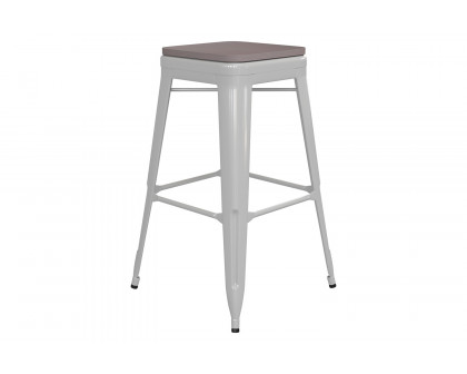 BLNK™ Kai Commercial Metal Backless Indoor-Outdoor Bar Stool with Poly Resin Wood Seat - White/Gray