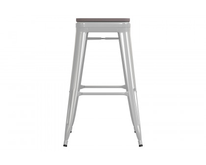 BLNK™ Kai Commercial Metal Backless Indoor-Outdoor Bar Stool with Poly Resin Wood Seat - White/Gray