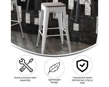 BLNK™ Kai Commercial Metal Backless Indoor-Outdoor Bar Stool with Poly Resin Wood Seat - White/Gray