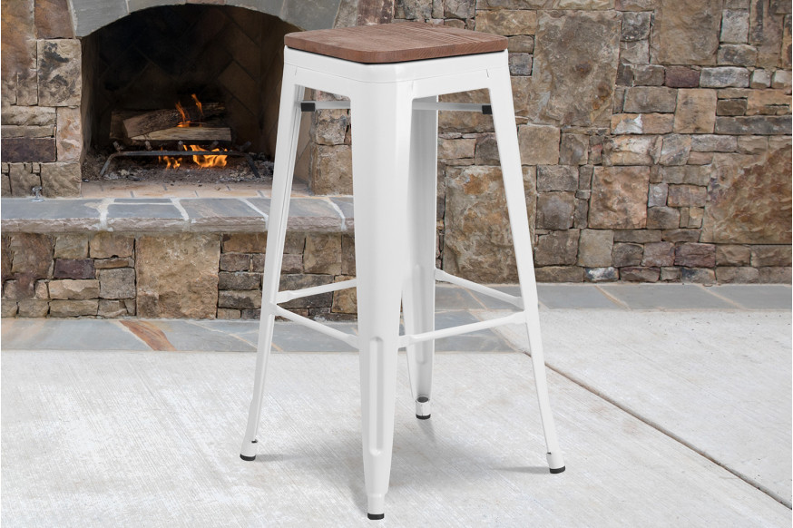 BLNK™ Lily Metal Bar Stool with Wood Seat - White