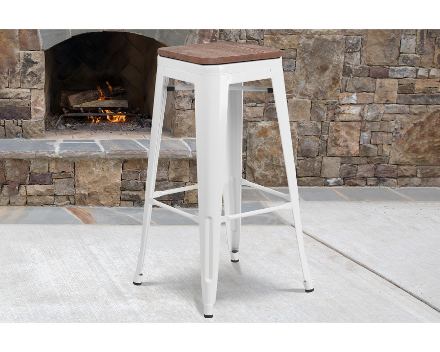 BLNK Lily Metal Bar Stool with Wood Seat - White