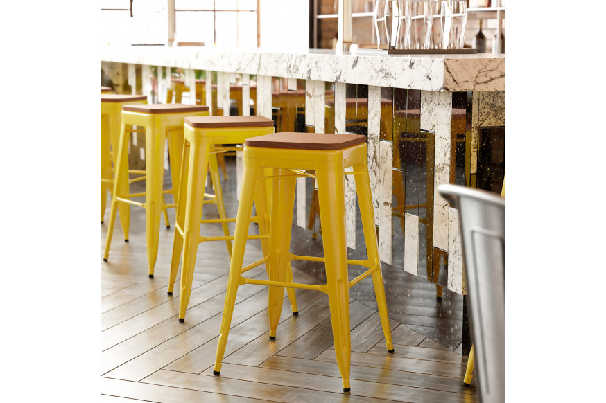 BLNK™ Kai Commercial Metal Backless Indoor-Outdoor Bar Stool with Poly Resin Wood Seat - Yellow/Teak