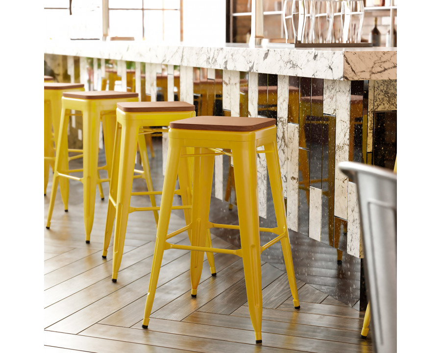 BLNK Kai Commercial Metal Backless Indoor-Outdoor Bar Stool with Poly Resin Wood Seat - Yellow/Teak