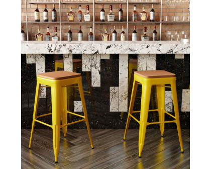 BLNK™ Kai Commercial Metal Backless Indoor-Outdoor Bar Stool with Poly Resin Wood Seat - Yellow/Teak