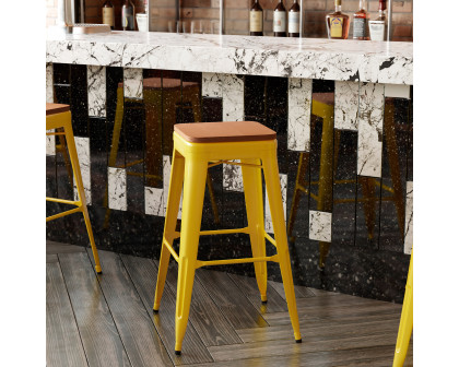 BLNK™ Kai Commercial Metal Backless Indoor-Outdoor Bar Stool with Poly Resin Wood Seat - Yellow/Teak